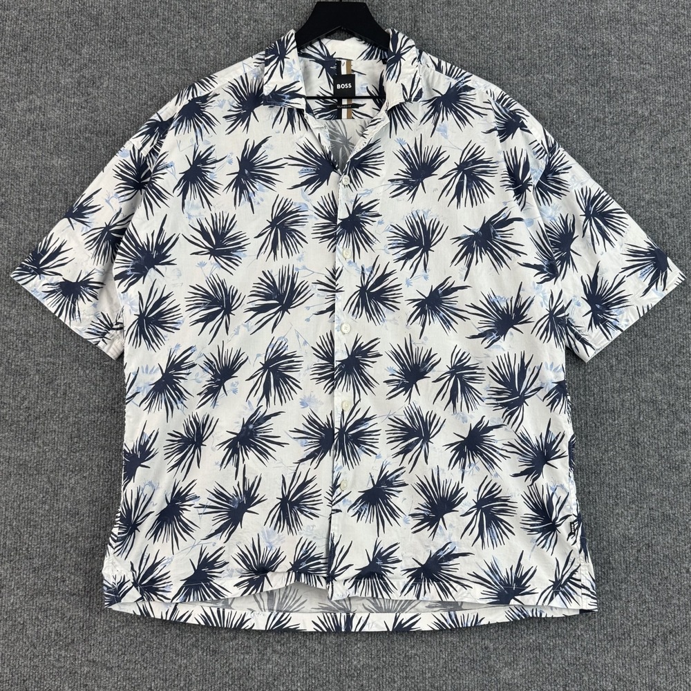 Boss Hugo Boss Button Up Shirt Mens M White Geometric Floral Relax Short Sleeve